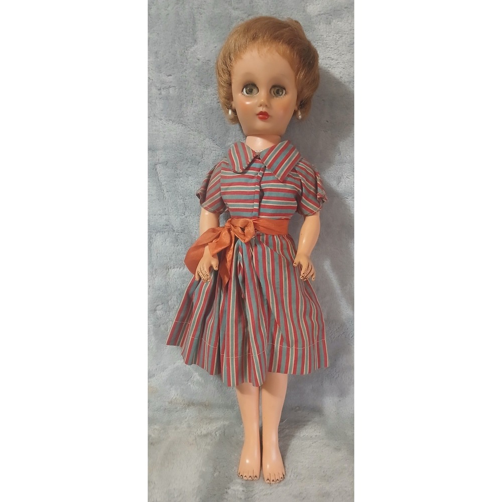 Vintage 18" Vinyl Fashion Doll 14RA Sleep Eyes Striped Dress 1950s 1960s VH-17
